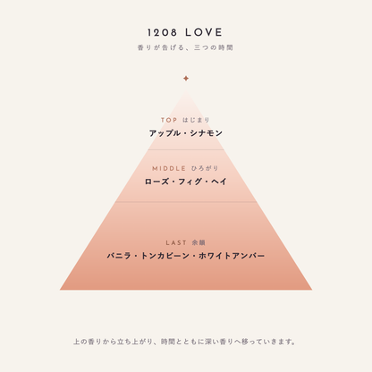1208 LOVE 香りが告げる、三つの時間（TOP：アップル・シナモン／MIDDLE：ローズ・フィグ・ヘイ／LAST：バニラ・トンカビーン・ホワイトアンバー）